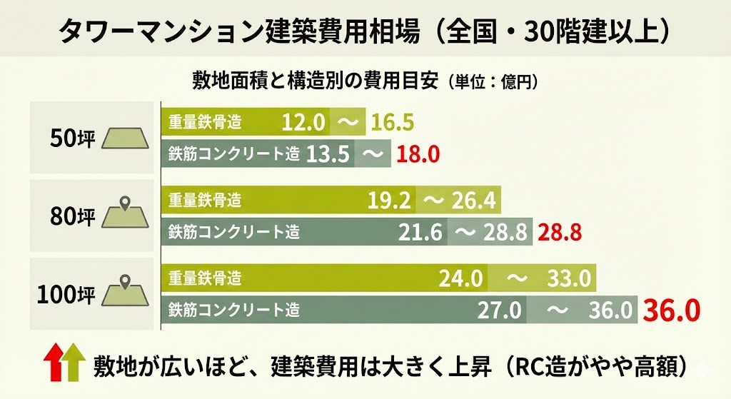 30階建てマンションの敷地面積別建築費の目安